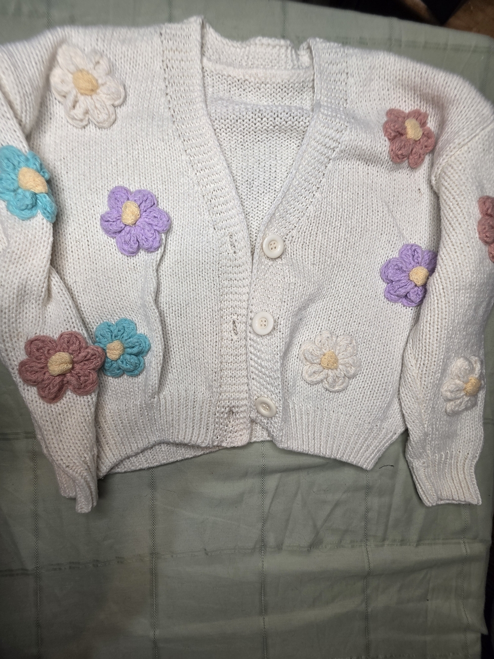 Ivory Chunky Knit Cardigan 3D Crochet Floral Applique Pastel Flower Small